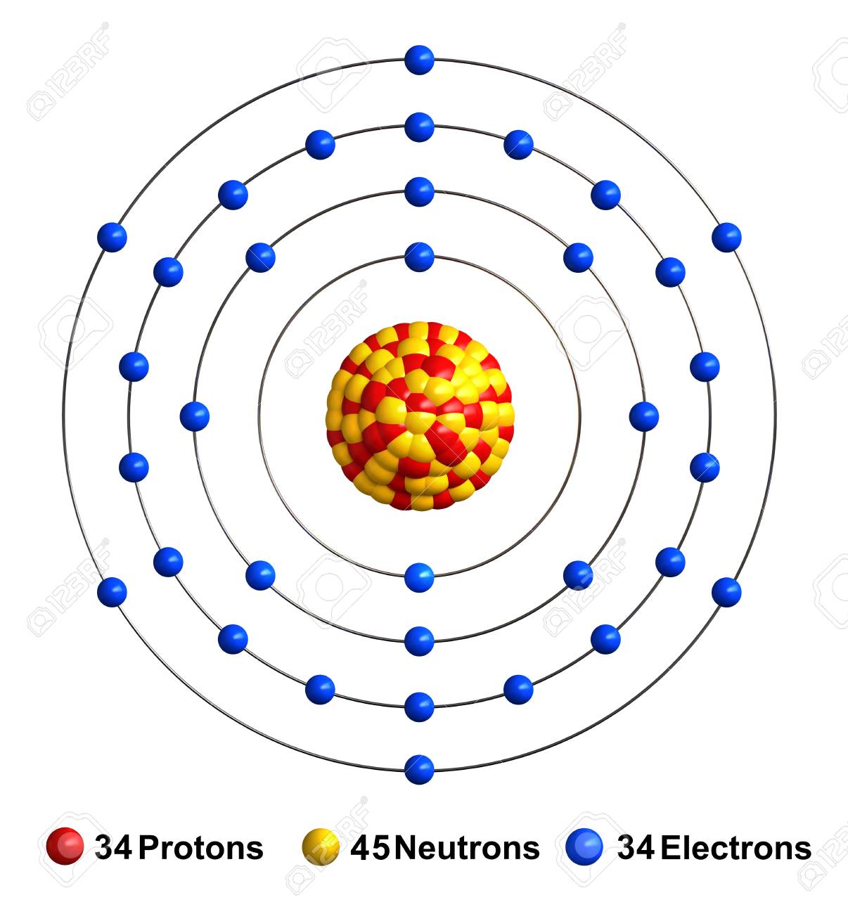 3d Render Of Atom Structure Of Selenium Isolated Over White Background  Protons Are Represented As Red Spheres, Neutron As Yellow Spheres,  Electrons As Blue Spheres Stock Photo, Picture And Royalty Free Image.